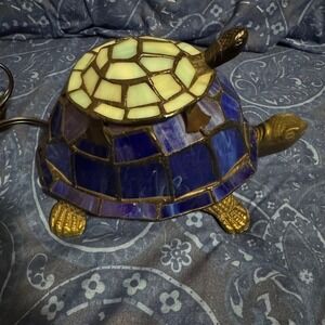 Tiffany Style Stained Glass Turtle Lamp Blue Green Glass Metal Base Working